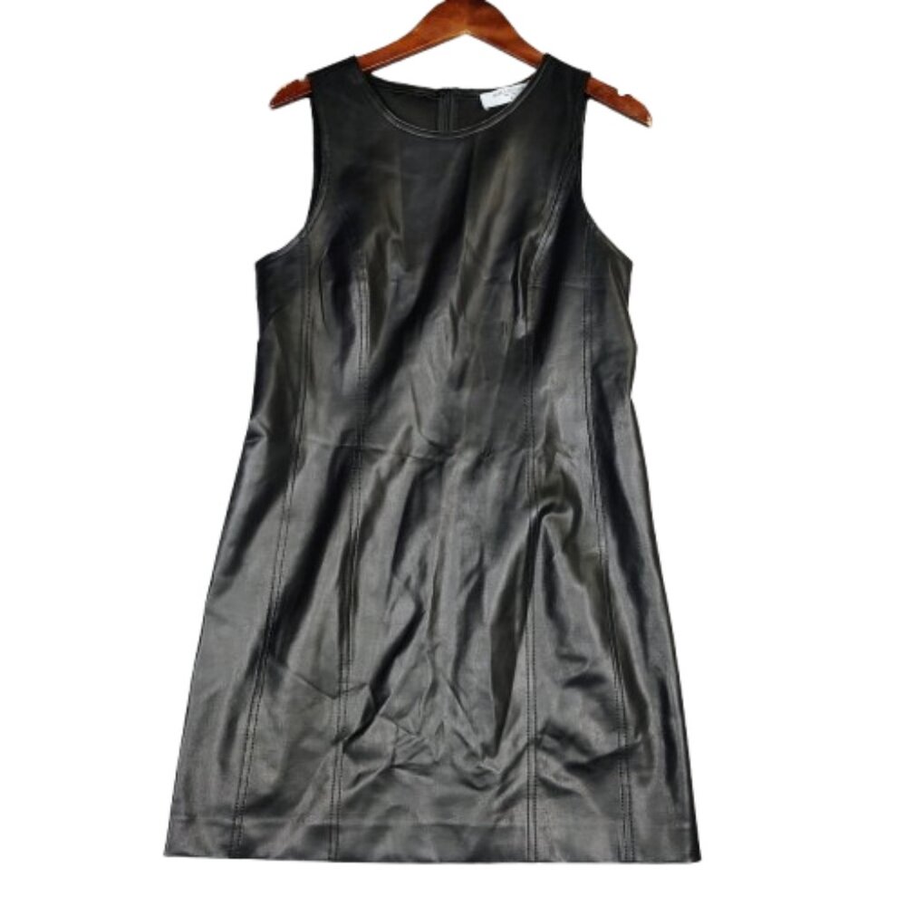 M.M.Lafleur Mini Dress Womens 10 Black Faux Leather Sleeveless Minimalist Preppy